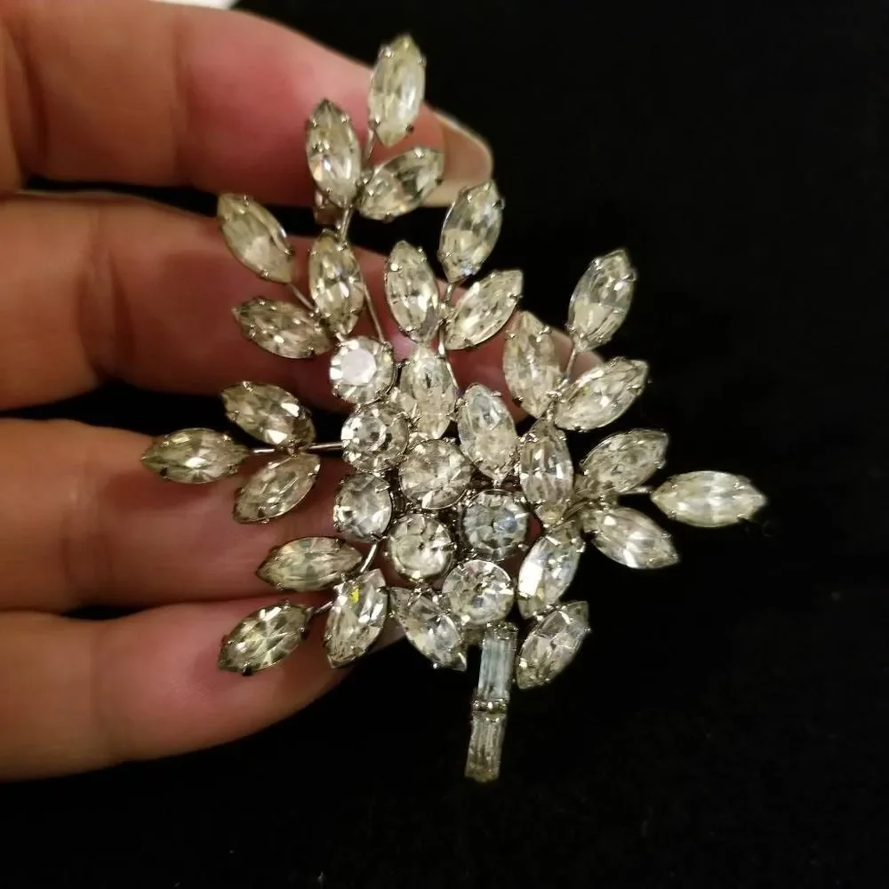 Vintage Clear Rhinestone Brooch Pin Leaf Cluster